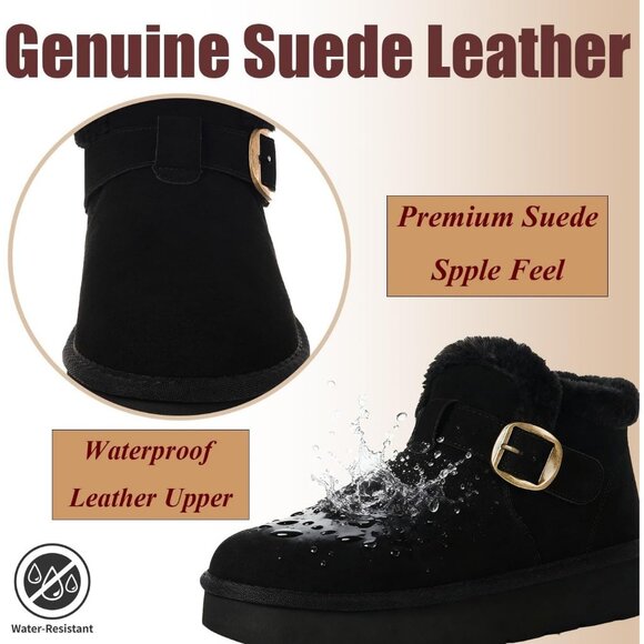 Women's Black Snow Winter Warm Hook Loop Ankle Faux Fur Lining Booties Shoes - Picture 3 of 6